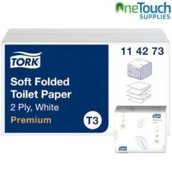 Tork T3 Soft Folded Toilet Paper 114273 2-ply white tissue for hygienic washroom dispensing
