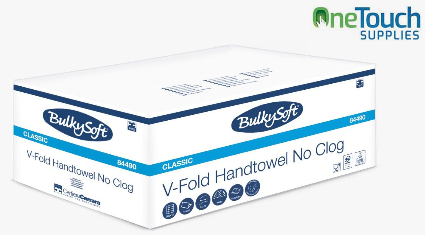Box of BulkySoft Classic V-Fold Hand Towels (Code: 84490). Icons show a pack of 3,000 sheets (200x15), 2-ply cellulose material, and sheet dimensions of 24x21cm.