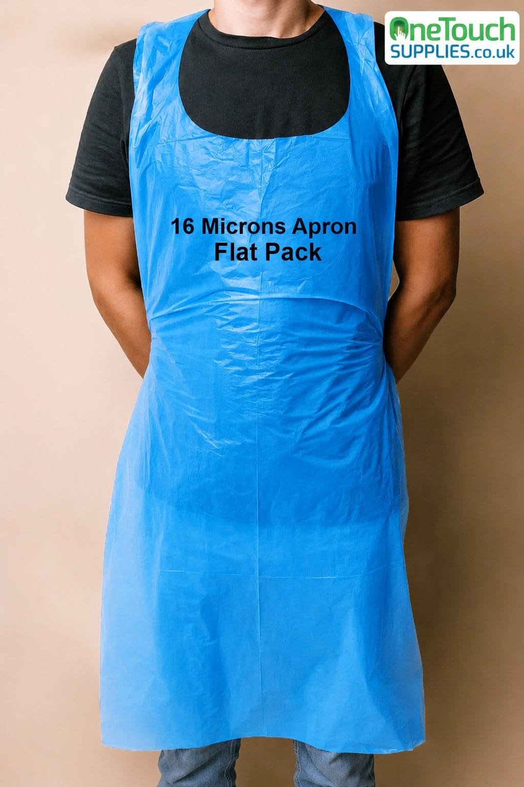 Blue flat pack disposable aprons made from durable 16-micron material, offering dependable clothing protection for food preparation, catering, healthcare, cleaning, and other hygiene-critical environments.