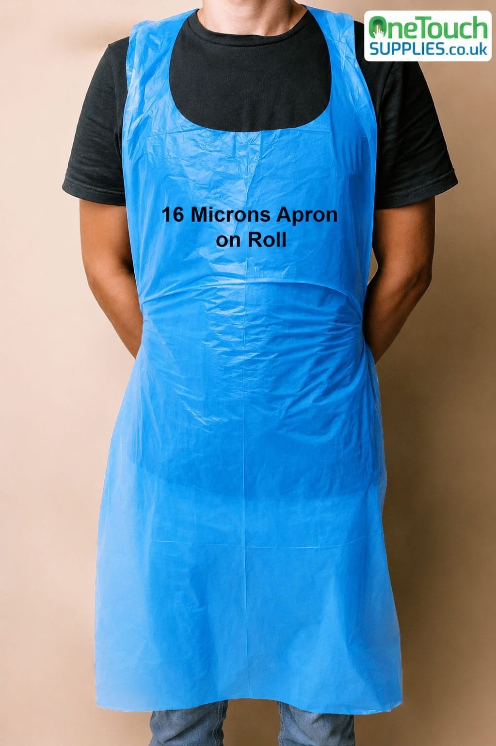 Blue disposable aprons on a roll made from durable 16-micron material, providing reliable clothing protection for food processing, catering, healthcare, cleaning, and hygiene-sensitive workplaces.