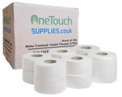 : Image of 2-ply White Twinlock Toilet Tissues, available in a pack of 24 for £20.99 (£25.19 inc. VAT). These eco-friendly tissues are 100% recycled and measure 87mm x 300mm with 344 sheets per roll and a 45mm core. Experience both softness and strength while being environmentally conscious