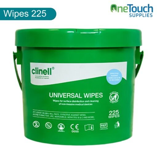 Bucket of Clinell Universal Wipes with 225 multi-surface disinfectant wipes, effective in 10 seconds.