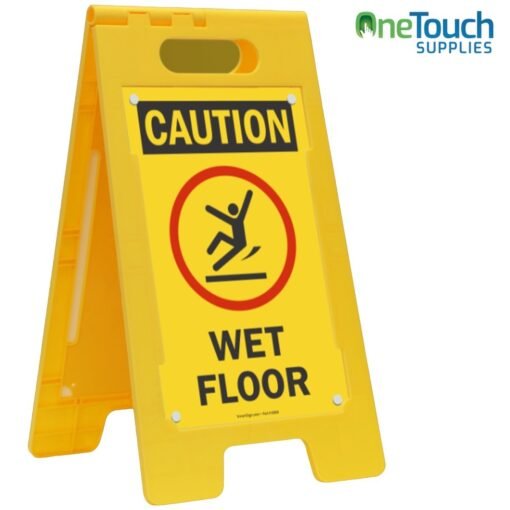 Yellow 'Caution Wet Floor' sign with bold black text, made from durable plastic, foldable for easy storage, suitable for high-traffic areas to ensure safety and prevent accidents.