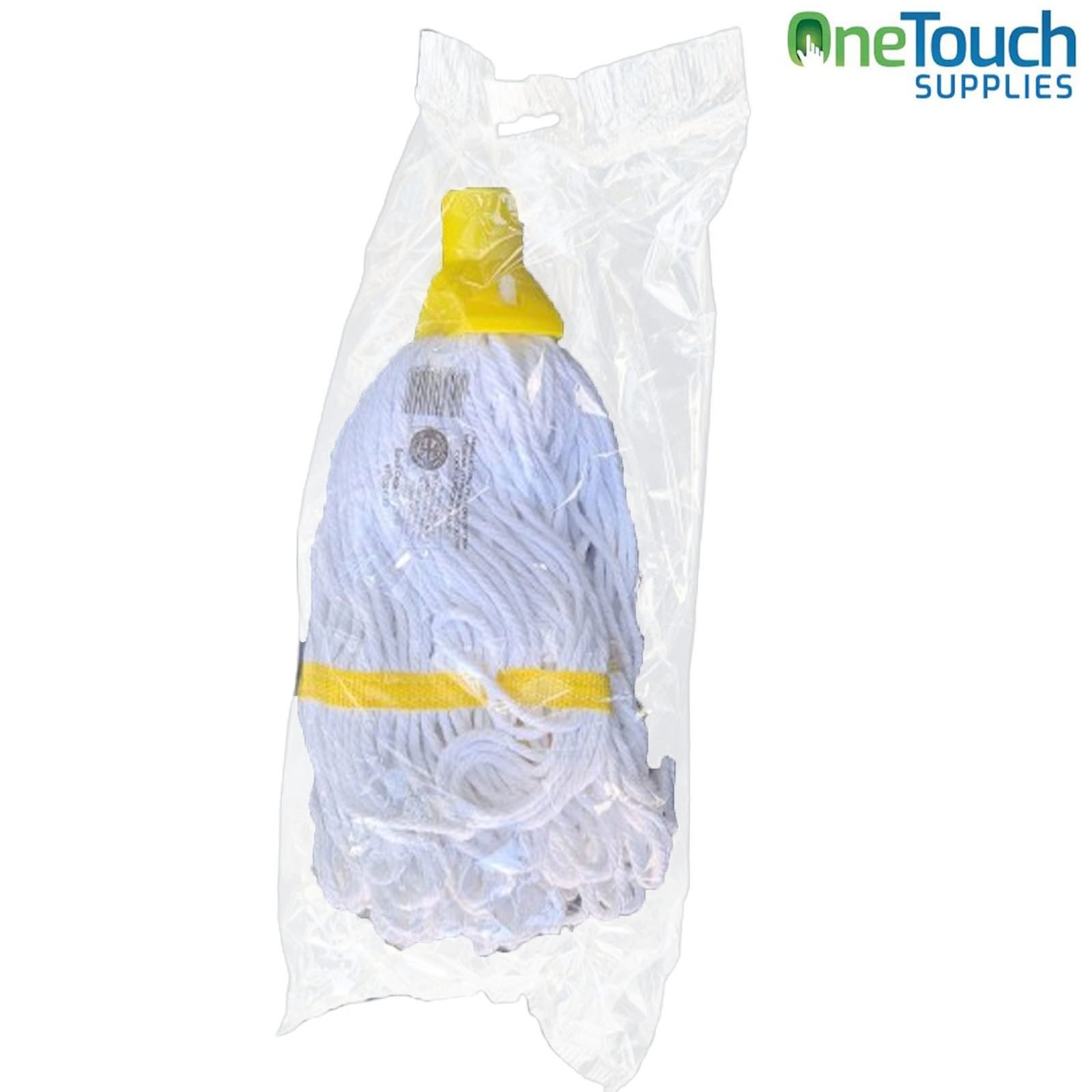 Yellow colour-coded 250g hygiene mop head with screw fit for clinical and kitchen sanitising.