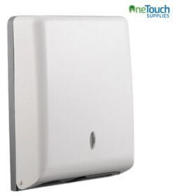 A Z-fold paper towel dispenser mounted on a wall.