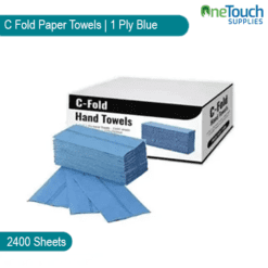 1-ply blue C-Fold paper towels, 2400 sheets per box, ideal for hygienic use in kitchens, healthcare facilities, and industrial settings.