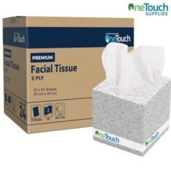 A white box of 3-ply facial tissues with one sheet pulled out, designed for softness and strength. Suitable for daily use.