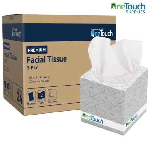 A white box of 3-ply facial tissues with one sheet pulled out, designed for softness and strength. Suitable for daily use.