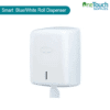 Smart centrefeed roll dispenser in white, compatible with blue or white rolls for efficient, hygienic dispensing.