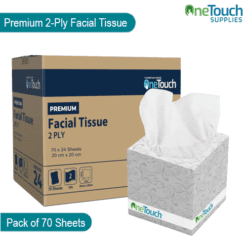 Case of 24 boxes of premium 2-ply facial tissue, 70 sheets per box for soft and strong tissue use.