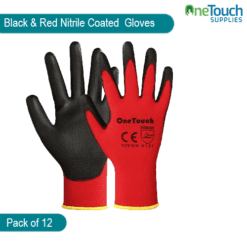 12 pairs of black and red nitrile-coated work gloves with a strong grip and durable design.