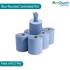 Pack of 6 blue recycled centrefeed rolls, 68m long, 2-ply for eco-friendly and efficient use.