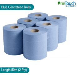 Blue 2-ply centrefeed rolls, 50 meters each, for efficient and hygienic paper dispensing.