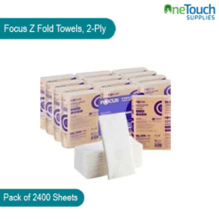 "Box of 2400 soft and absorbent 2-ply Focus Z fold towels for efficient hand drying and cleaning."