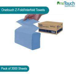 "Box of 3000 1-ply blue Onetouch Z-fold/interfold paper towels for hygienic hand drying and cleaning."