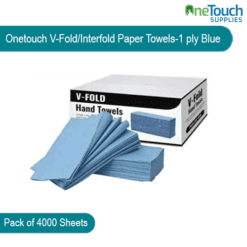 "Box of 4000 blue 1-ply V-fold hand paper towels for hygienic hand drying and cleaning."