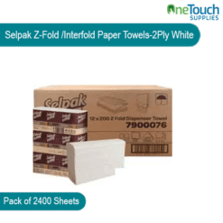 "2400 sheets of white 2-ply Selpak Z-fold/interfold paper towels for efficient hand drying in commercial spaces."