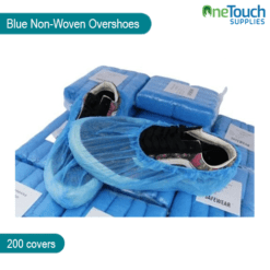 "Pack of 200 blue non-woven disposable overshoes for floor protection and hygiene."