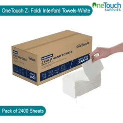 "Box of 2400 white Z fold paper towels for efficient drying and cleaning in commercial settings."