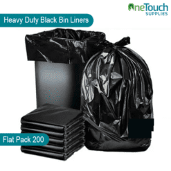 Heavy-duty black bin liners, flat pack of 200, size 18 inches (29×39), strong and tear-resistant for household, commercial, and industrial waste disposal.