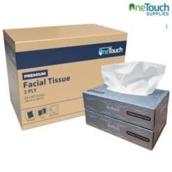 OneTouch Premium 3-Ply Facial Tissue case of 24 boxes, soft white tissues.