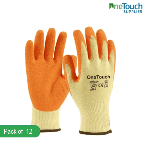 "12 pairs of orange latex-coated gloves, providing enhanced grip and durability for various tasks."