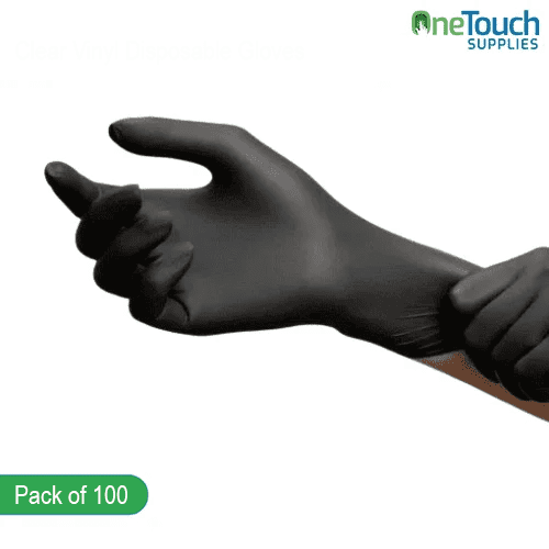 "OneTouch black nitrile disposable gloves, offering strong protection and a comfortable fit for various tasks."