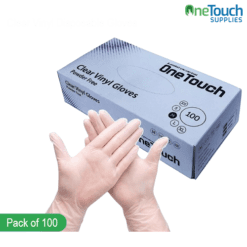 "OneTouch clear vinyl disposable gloves, transparent for easy visibility and protection in various tasks."