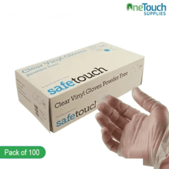 "Safetouch clear vinyl gloves, latex and powder-free, offering comfort and protection. Pack of 100."