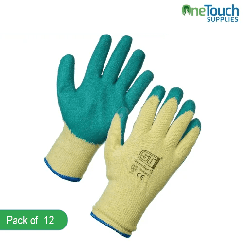 "12 pairs of green latex gloves, ideal for a variety of tasks requiring a secure and comfortable fit."