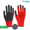 "OneTouch red work gloves with a latex-coated crinkled finish for enhanced grip and durability."