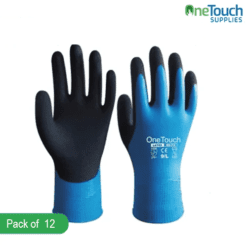 "12 pairs of waterproof blue and black work gloves, fully latex coated for premium quality and durability."