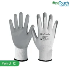 "Pack of 12 flexible nitrile-coated nylon gloves, providing durability and a secure fit for various tasks."