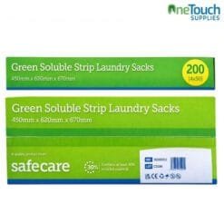 SafeCare green soluble strip laundry sacks for infection control with water-soluble seal for care homes and hospitals.
