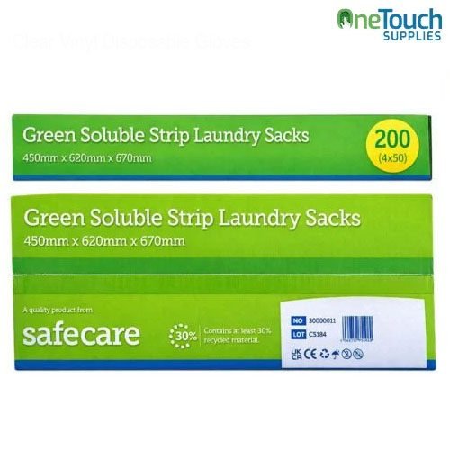 SafeCare green soluble strip laundry sacks for infection control with water-soluble seal for care homes and hospitals.