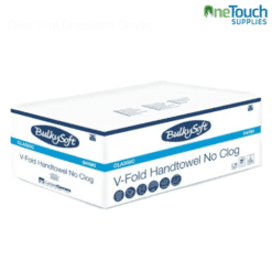 Box of BulkySoft Classic V-Fold Hand Towels (Code: 84490). Icons show a pack of 3,000 sheets (200x15), 2-ply cellulose material, and sheet dimensions of 24x21cm.