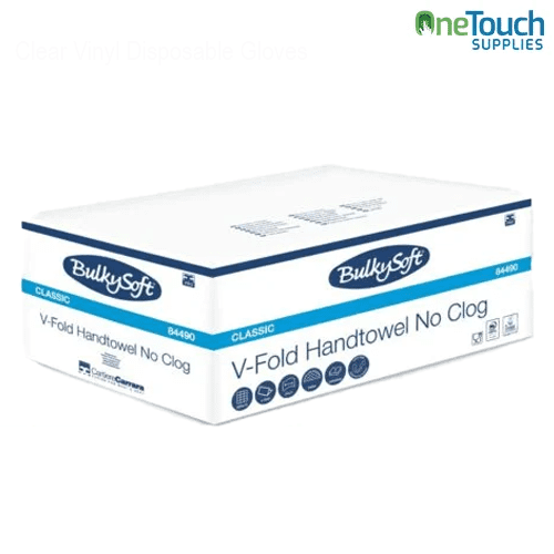 Box of BulkySoft Classic V-Fold Hand Towels (Code: 84490). Icons show a pack of 3,000 sheets (200x15), 2-ply cellulose material, and sheet dimensions of 24x21cm.