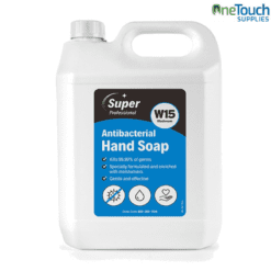 Super Professional White Antibacterial Hand Soap Refill in a 5-litre container, enriched with moisturisers, kills 99.99% of germs, and is suitable for bulk dispensers