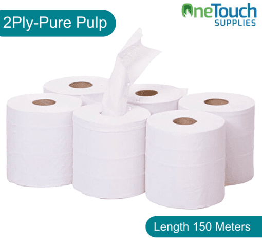 Pack of 6 white centrefeed rolls, 150m each, 2-ply pure pulp