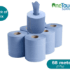 Pack of 6 blue recycled centrefeed rolls, 68m each, 2-ply