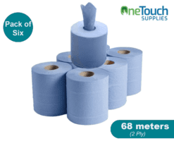 Pack of 6 blue recycled centrefeed rolls, 68m each, 2-ply