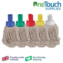 Socket mop heads in blue, green, red, yellow, and white colors