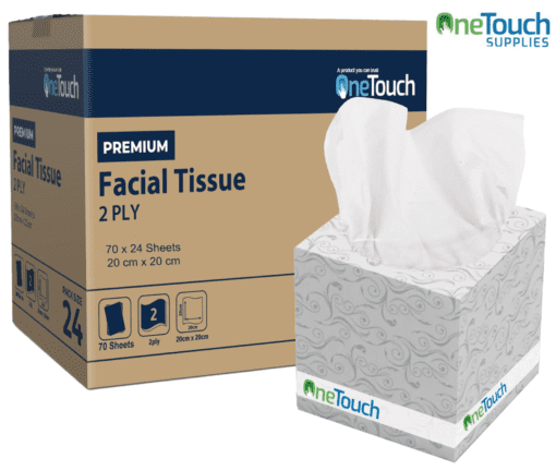 Case of 24 boxes of premium 2-ply facial tissues, 70 sheets per box