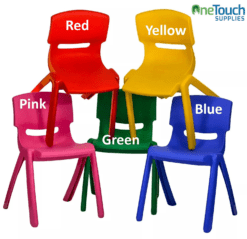 Set of 5 durable, stackable children's plastic chairs for outdoor and indoor use, ideal for picnics, gardens, nurseries, and clubs.