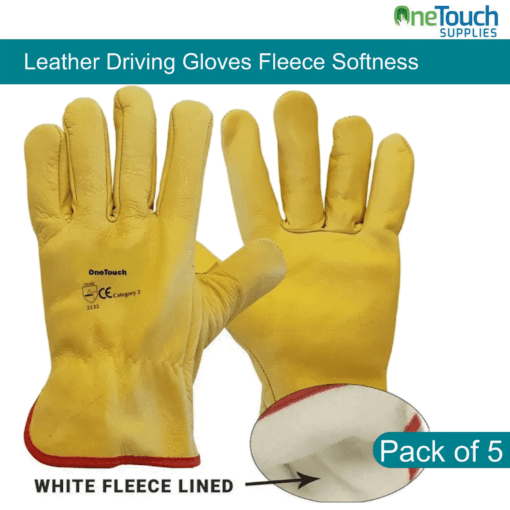 Yellow Leather Driving Gloves: Elevate your driving experience with our comfortable and stylish gloves. Designed for grip and warmth. Pack of 5 fleece/cotton-lined pairs available.