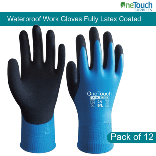 Blue Waterproof Work Gloves (Pack of 12 Pairs) - Superior Protection and Comfort with latex coating.