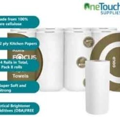 Pack of 24 Focus Ultra-Absorbent Kitchen Towels, featuring hypoallergenic and OBA-free sheets, wrapped in recyclable LDPE packaging.