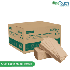 Brown kraft paper Z fold hand towels, 1-ply, 21×23cm sheets, box of 3200.
