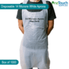 Box of 1000 disposable 14-micron white aprons, flat-packed in 10 packs of 100.