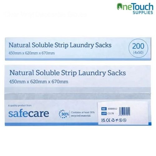 SafeCare natural soluble strip laundry sacks for infection control in care homes and hospitals.